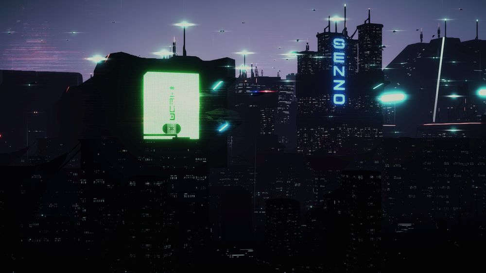 A dark cyberpunk cityscape with the word “senzo” in neon letters on the side of one building 