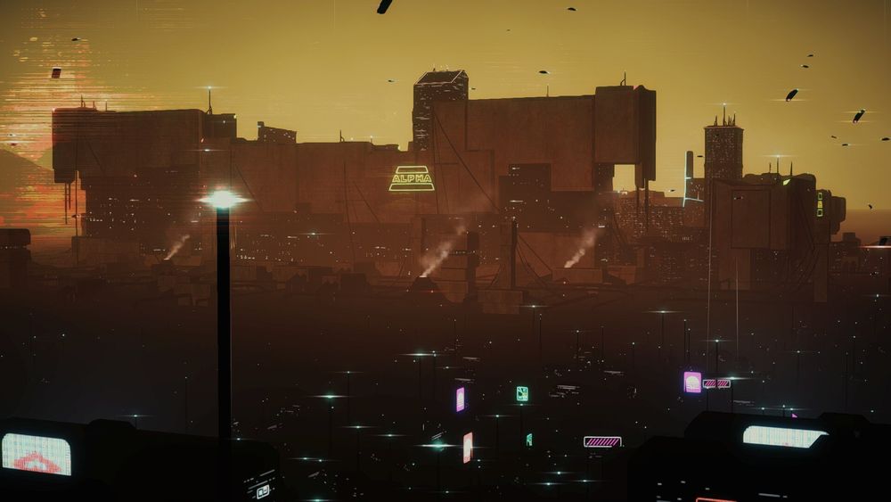 A giant cyberpunk wall looms in the distance, the sun rising behind it 